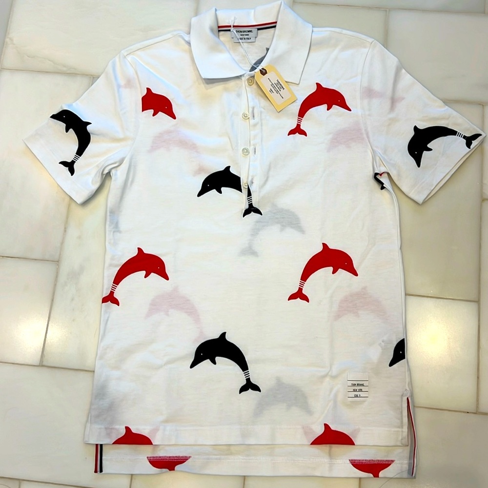 Thom Browne short sleeve polo shirt with amazing dolphin print. Size 0 (XS). NWT